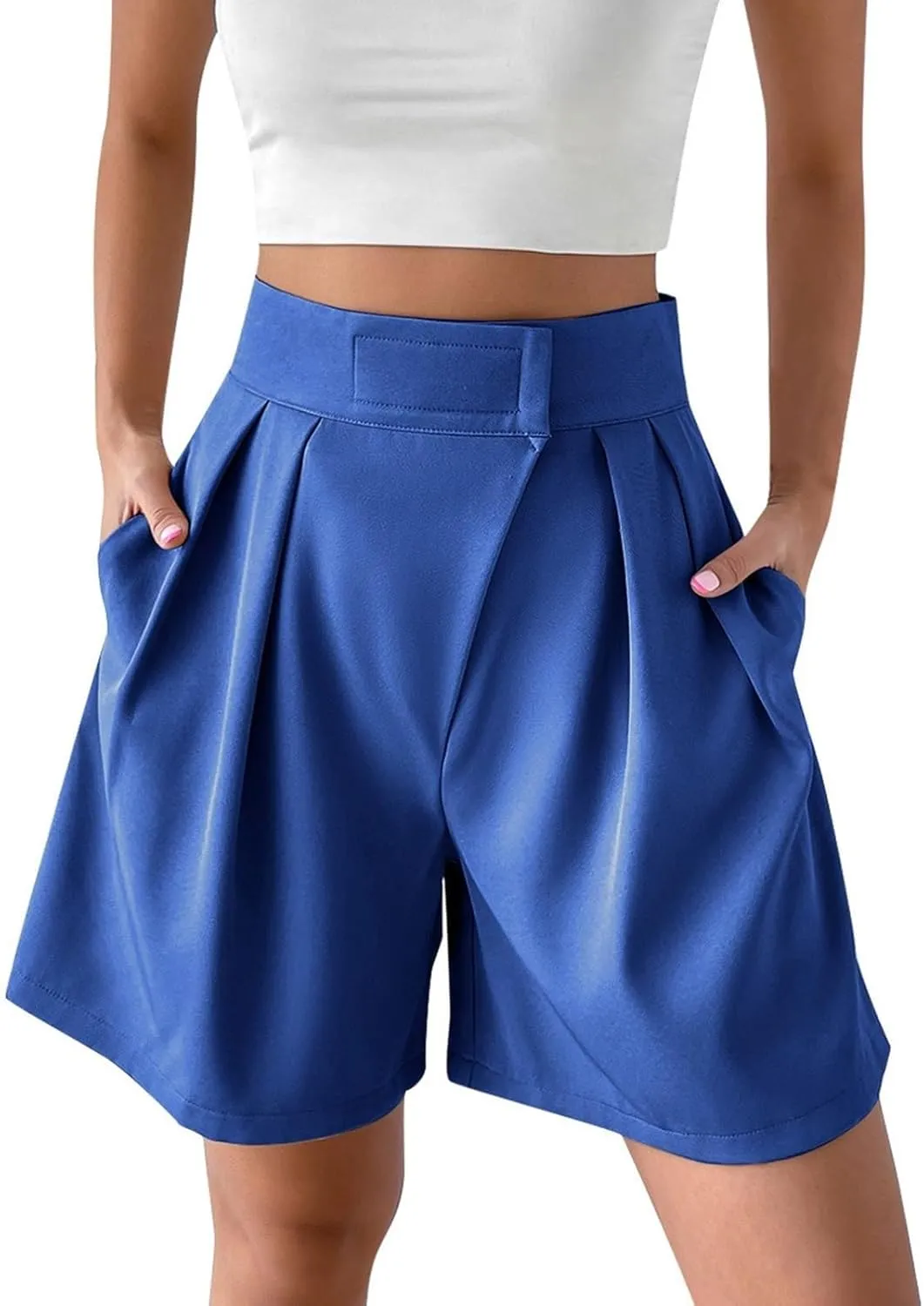 Womens High-Waisted Pleated Shorts Stylish Casual Plus Size Loose Wide Leg Short Trendy Lounge Wide-Leg Bermuda Pants