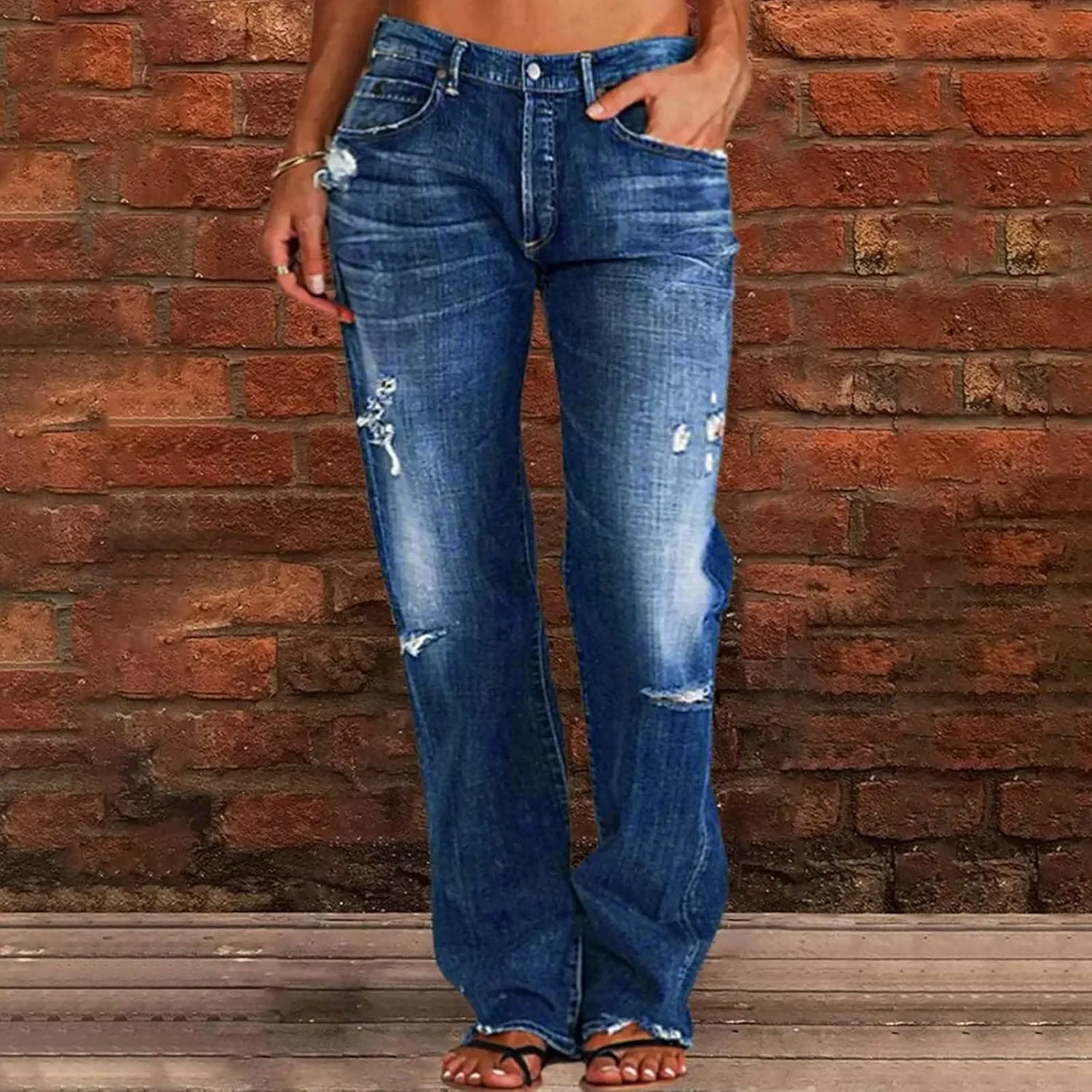 Women's High-Waisted Ripped Jeans Fashionable Distressed Gradient Casual Denim Pant Street Hip Hop Trendy Streetwears