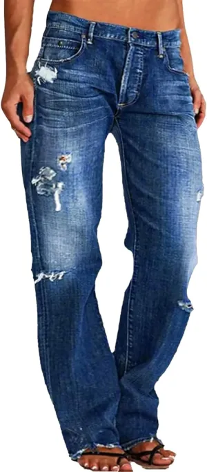 Women's High-Waisted Ripped Jeans Fashionable Distressed Gradient Casual Denim Pant Street Hip Hop Trendy Streetwears