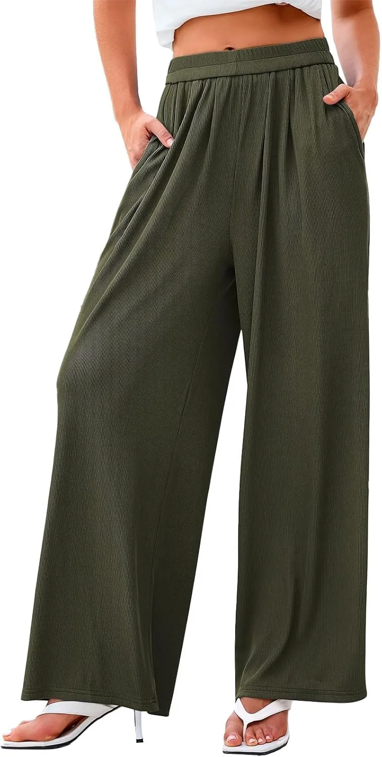 Womens High Waisted Wide Leg Linen Pants Plus Size Stylish Casual Loose Trouser Beach Vacation Boho Flowy Lounge Pant
