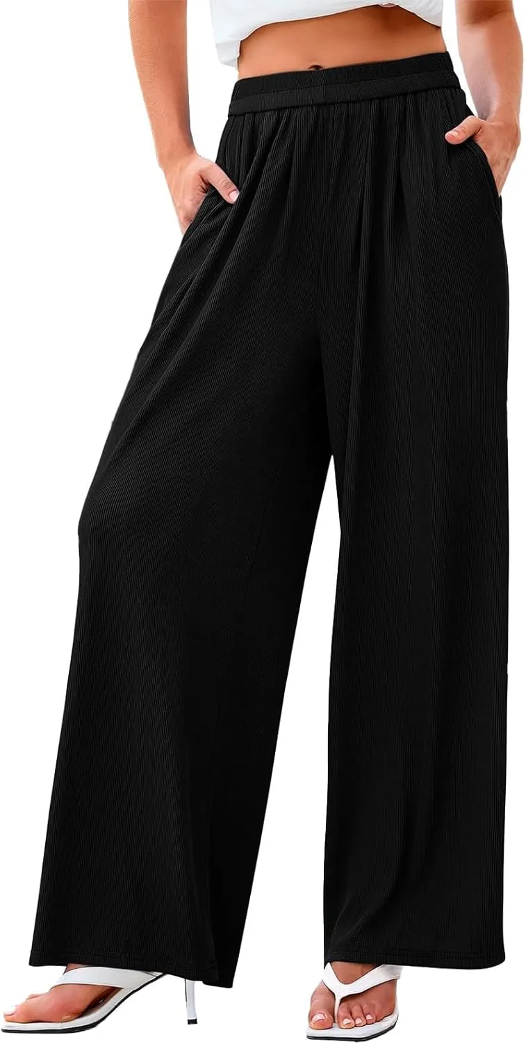 Womens High Waisted Wide Leg Linen Pants Plus Size Stylish Casual Loose Trouser Beach Vacation Boho Flowy Lounge Pant