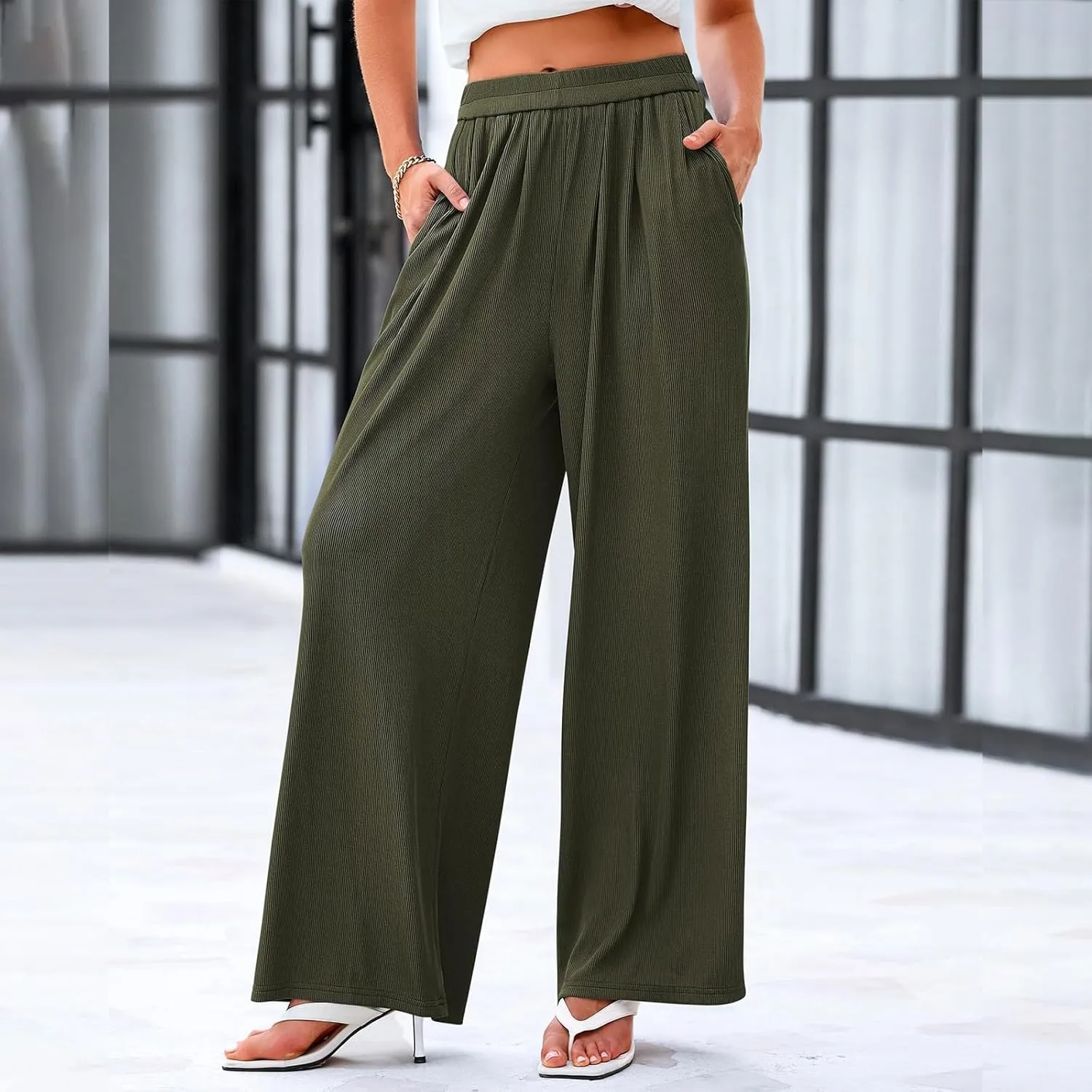 Womens High Waisted Wide Leg Linen Pants Plus Size Stylish Casual Loose Trouser Beach Vacation Boho Flowy Lounge Pant