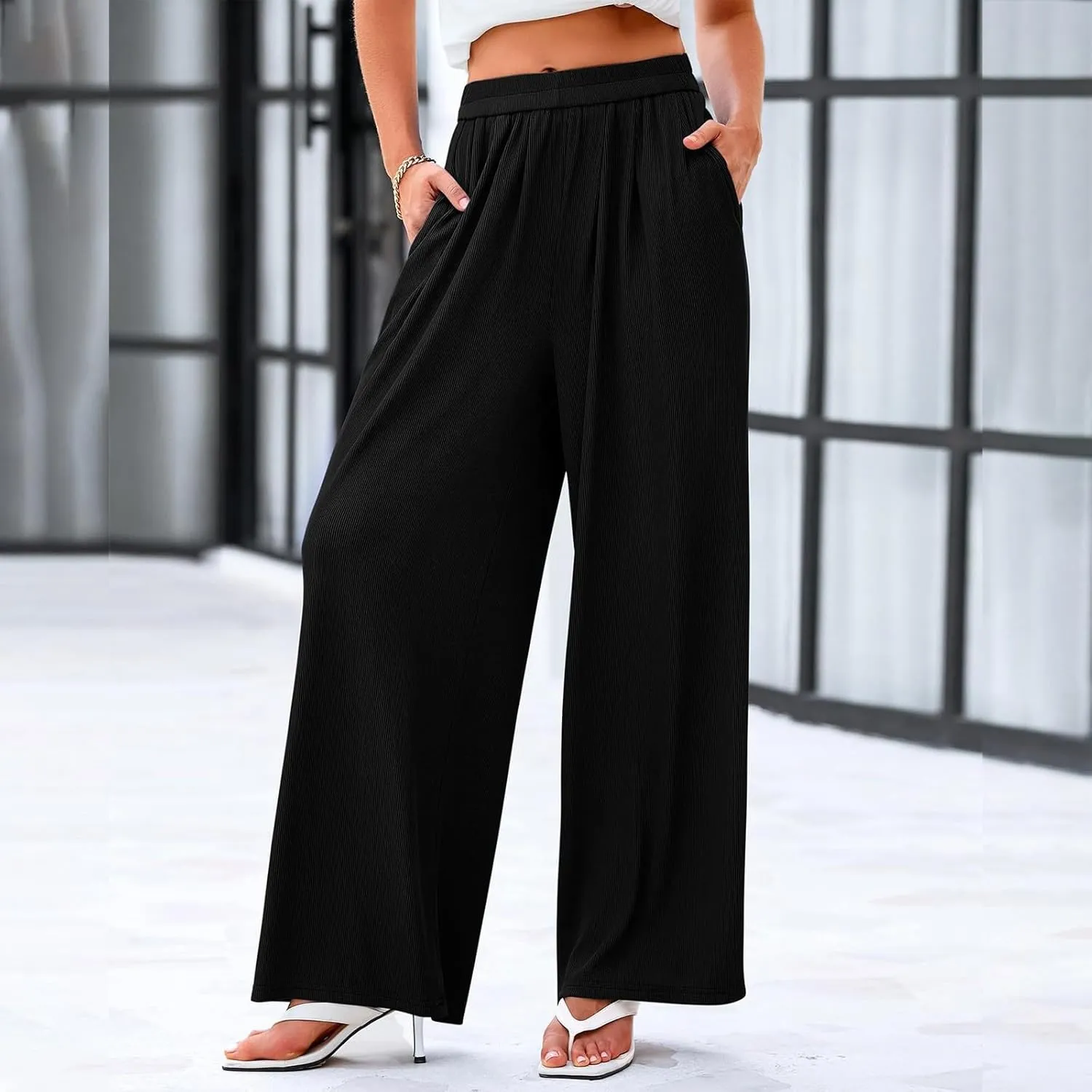 Womens High Waisted Wide Leg Linen Pants Plus Size Stylish Casual Loose Trouser Beach Vacation Boho Flowy Lounge Pant