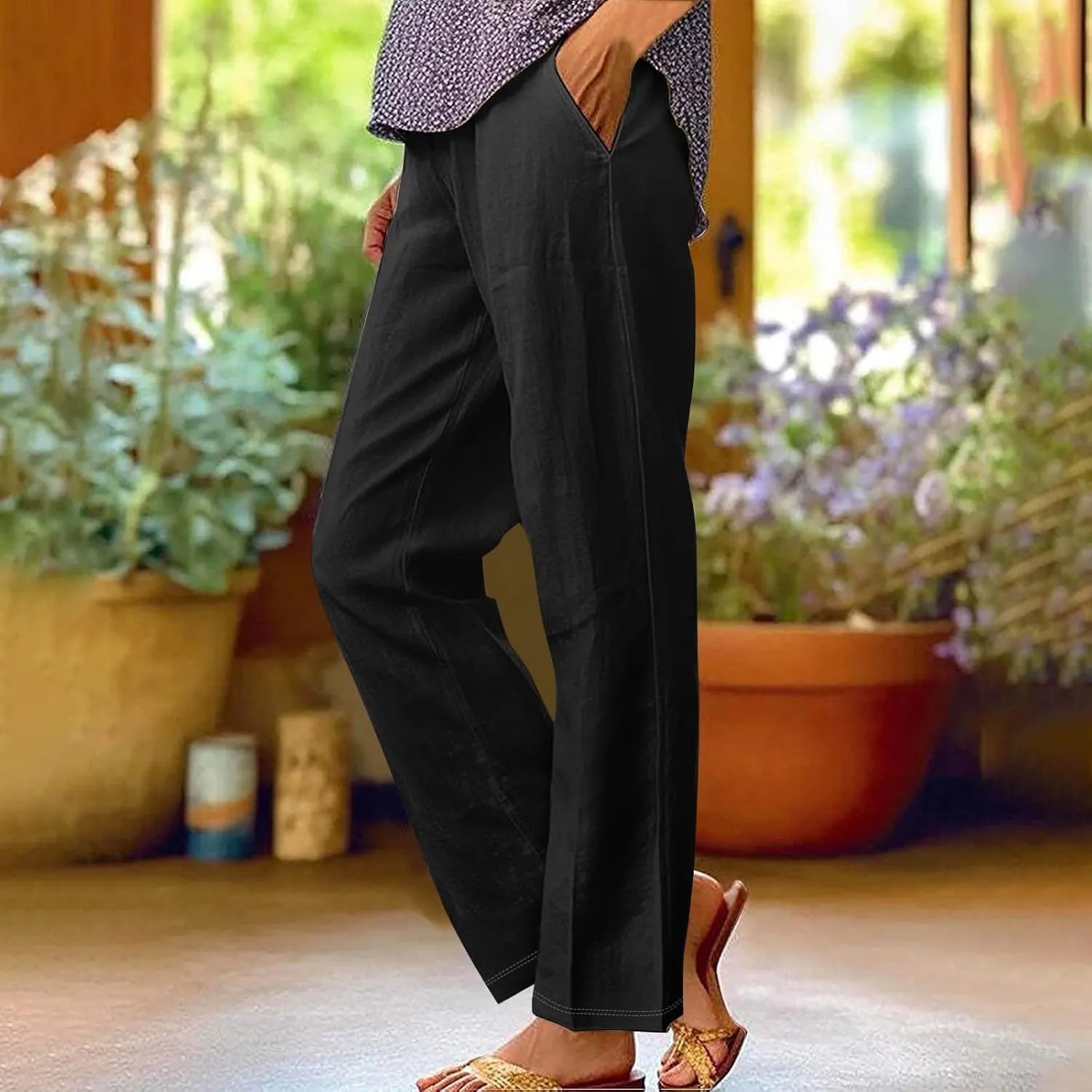 Womens Linen Casual High Waist Pants 2025 Trendy Straight Wide Leg Boho Flowy Trouser Work Dressy Palazzo Casual Pant