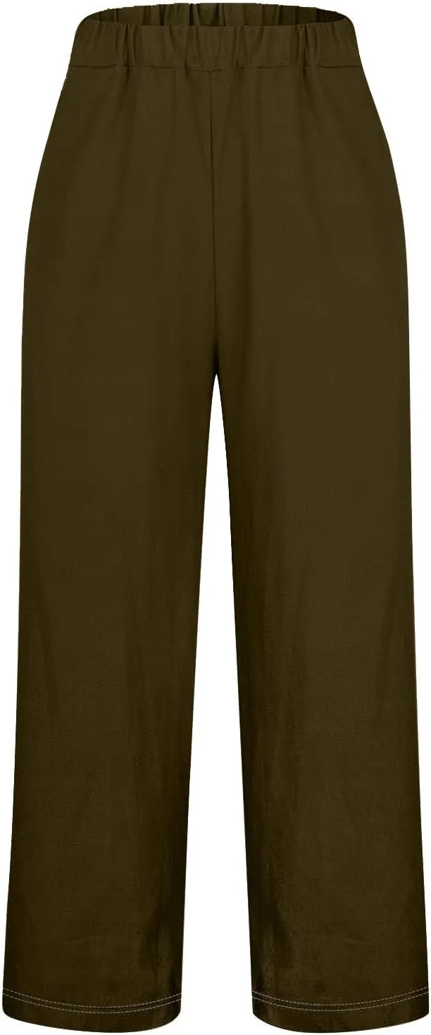 Womens Linen Casual High Waist Pants 2025 Trendy Straight Wide Leg Boho Flowy Trouser Work Dressy Palazzo Casual Pant