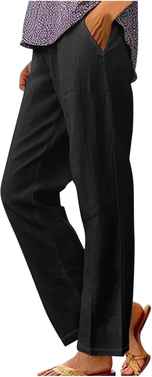 Womens Linen Casual High Waist Pants 2025 Trendy Straight Wide Leg Boho Flowy Trouser Work Dressy Palazzo Casual Pant