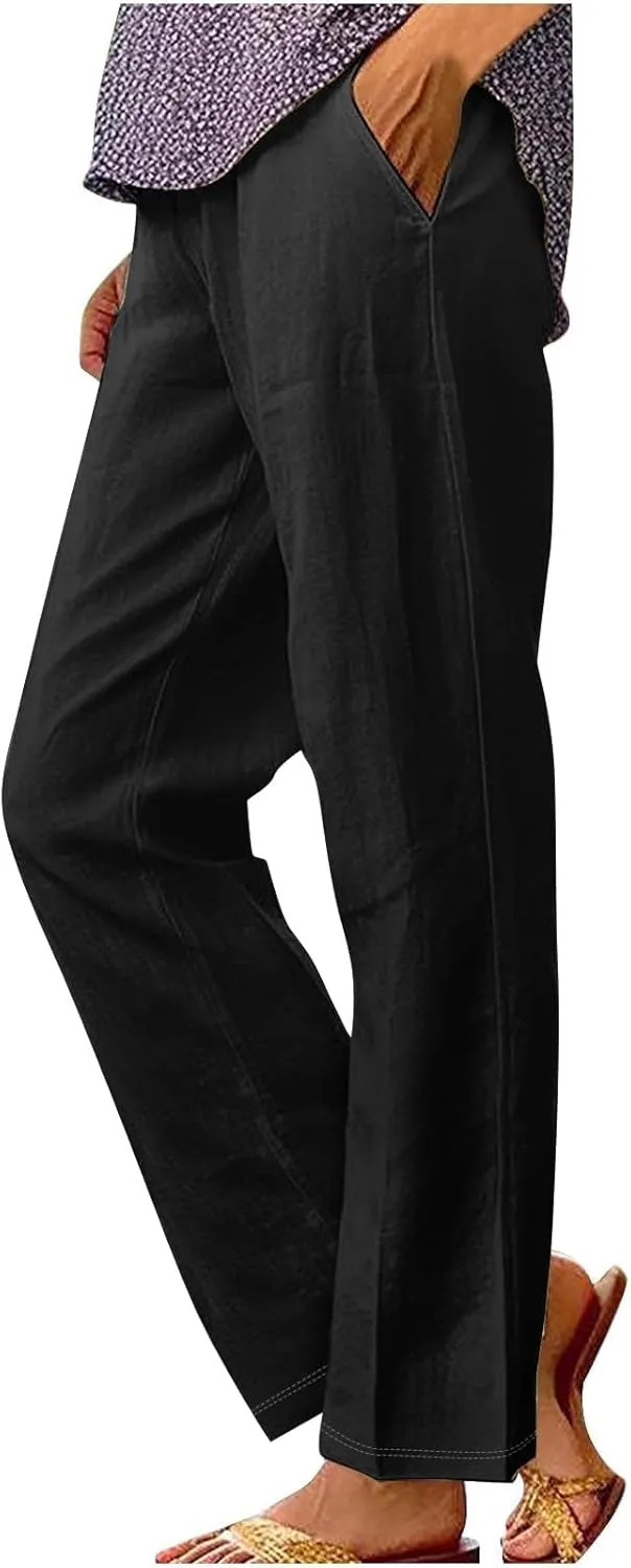 Womens Linen Casual High Waist Pants 2025 Trendy Straight Wide Leg Boho Flowy Trouser Work Dressy Palazzo Casual Pant