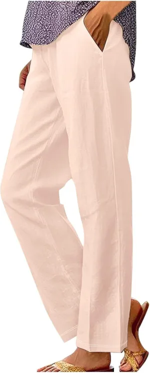 Womens Linen Casual High Waist Pants 2025 Trendy Straight Wide Leg Boho Flowy Trouser Work Dressy Palazzo Casual Pant