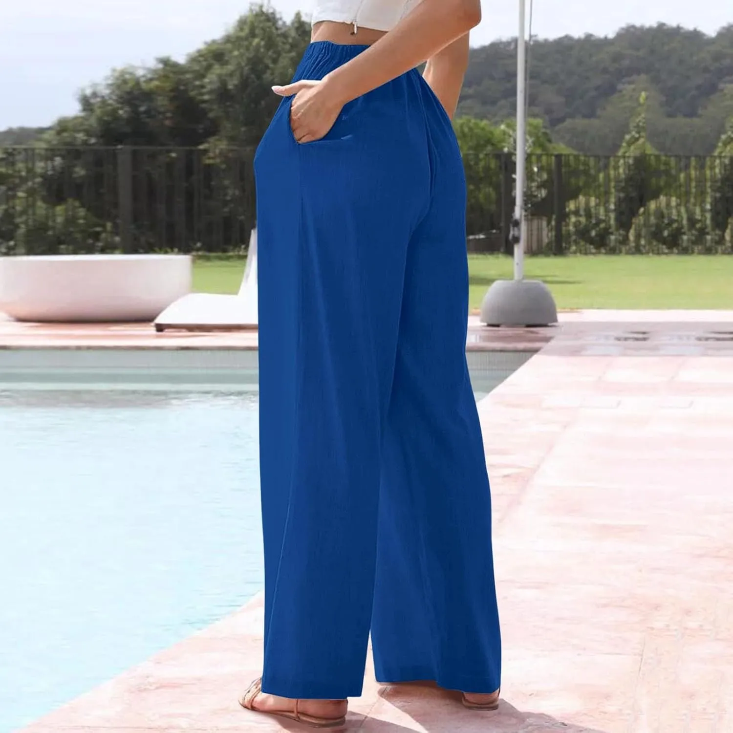 Womens Linen Floral Print Wide Leg Pants Summer Vacation Beach Boho Flowy Relax Beachwear Office Work Casual Trousers