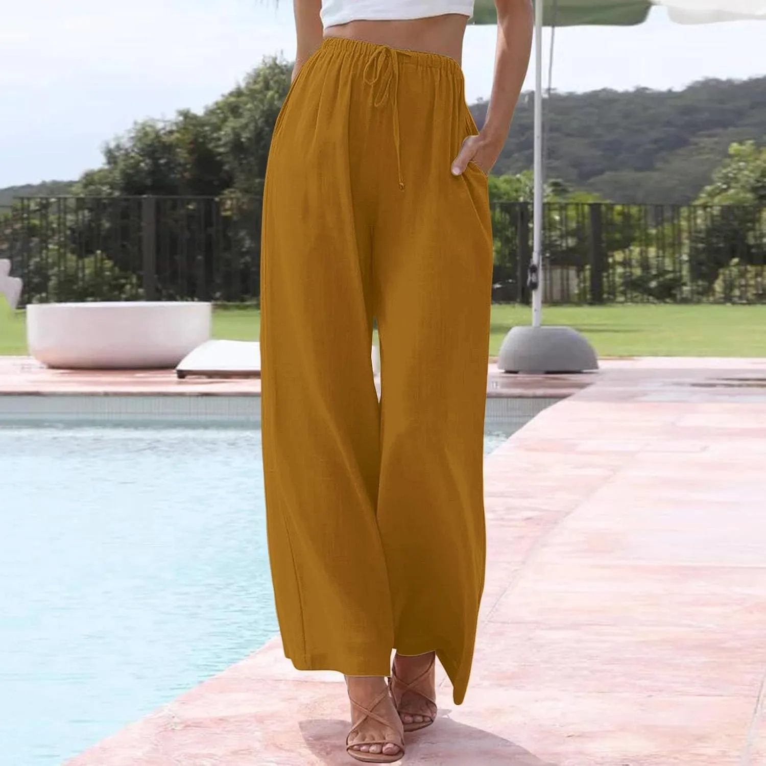 Womens Linen Floral Print Wide Leg Pants Summer Vacation Beach Boho Flowy Relax Beachwear Office Work Casual Trousers