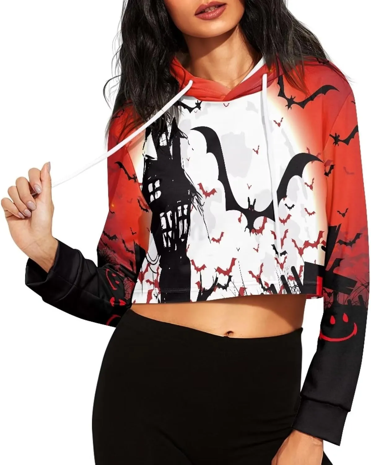 Womens Long Sleeve Crop Top Hoodies Drawstring Crop Top Sweatshirts for Teen Girls