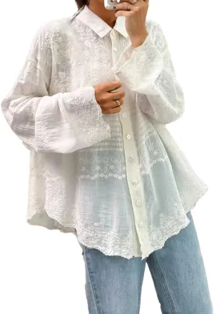 Womens Long Sleeve Shirt V Neck Hollow Embroidered Tops Button Front Blouse Casual Loose Dressy Shirts