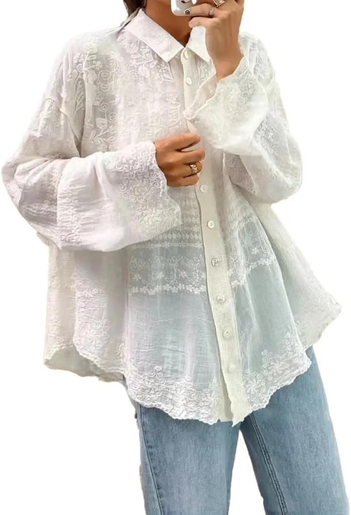 Womens Long Sleeve Shirt V Neck Hollow Embroidered Tops Button Front Blouse Casual Loose Dressy Shirts