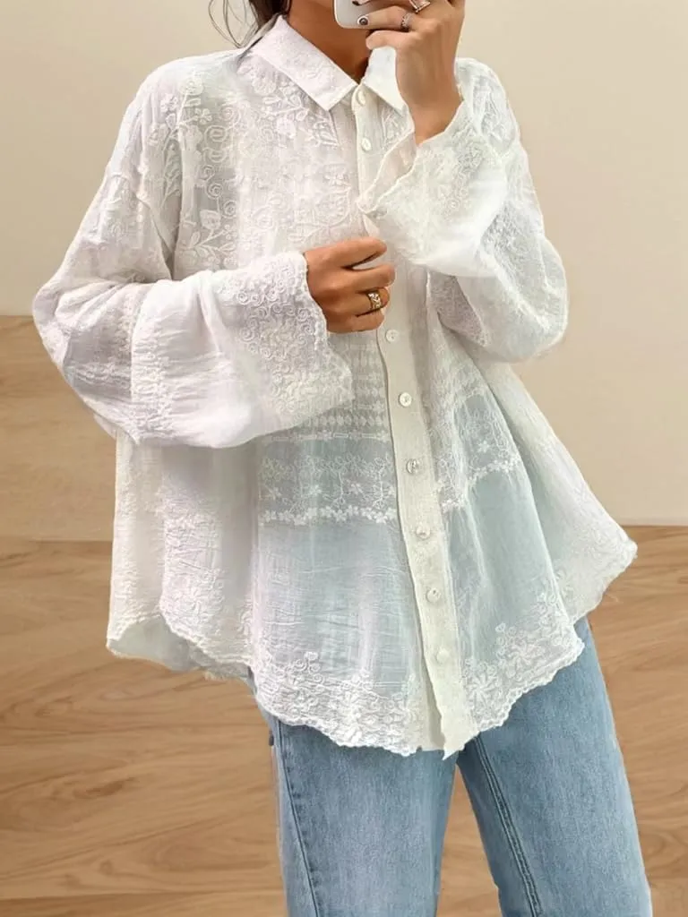 Womens Long Sleeve Shirt V Neck Hollow Embroidered Tops Button Front Blouse Casual Loose Dressy Shirts