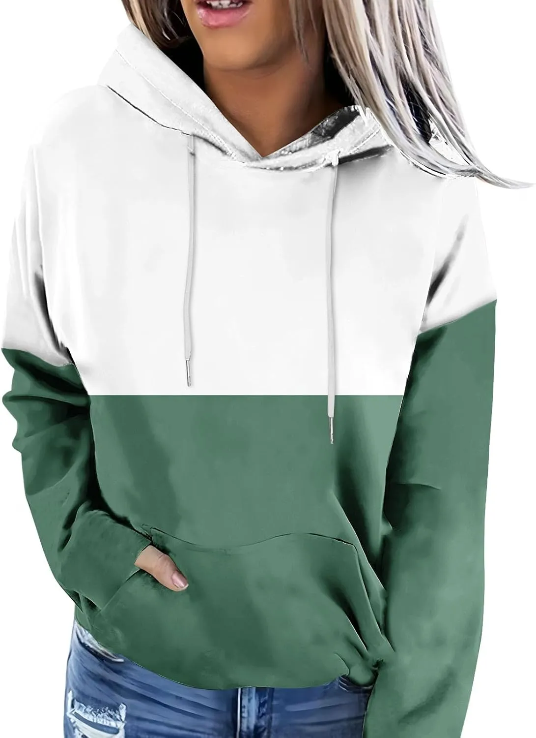 Women's Long sleeves Color Block Hoodie Tops Cute Casual Drawstring Loose Lightweight Tunic Pullover With Pockets