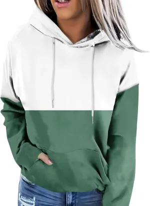 Women's Long sleeves Color Block Hoodie Tops Cute Casual Drawstring Loose Lightweight Tunic Pullover With Pockets