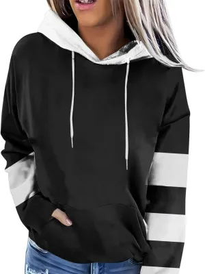 Women's Long sleeves Color Block Hoodie Tops Cute Casual Drawstring Loose Lightweight Tunic Pullover With Pockets