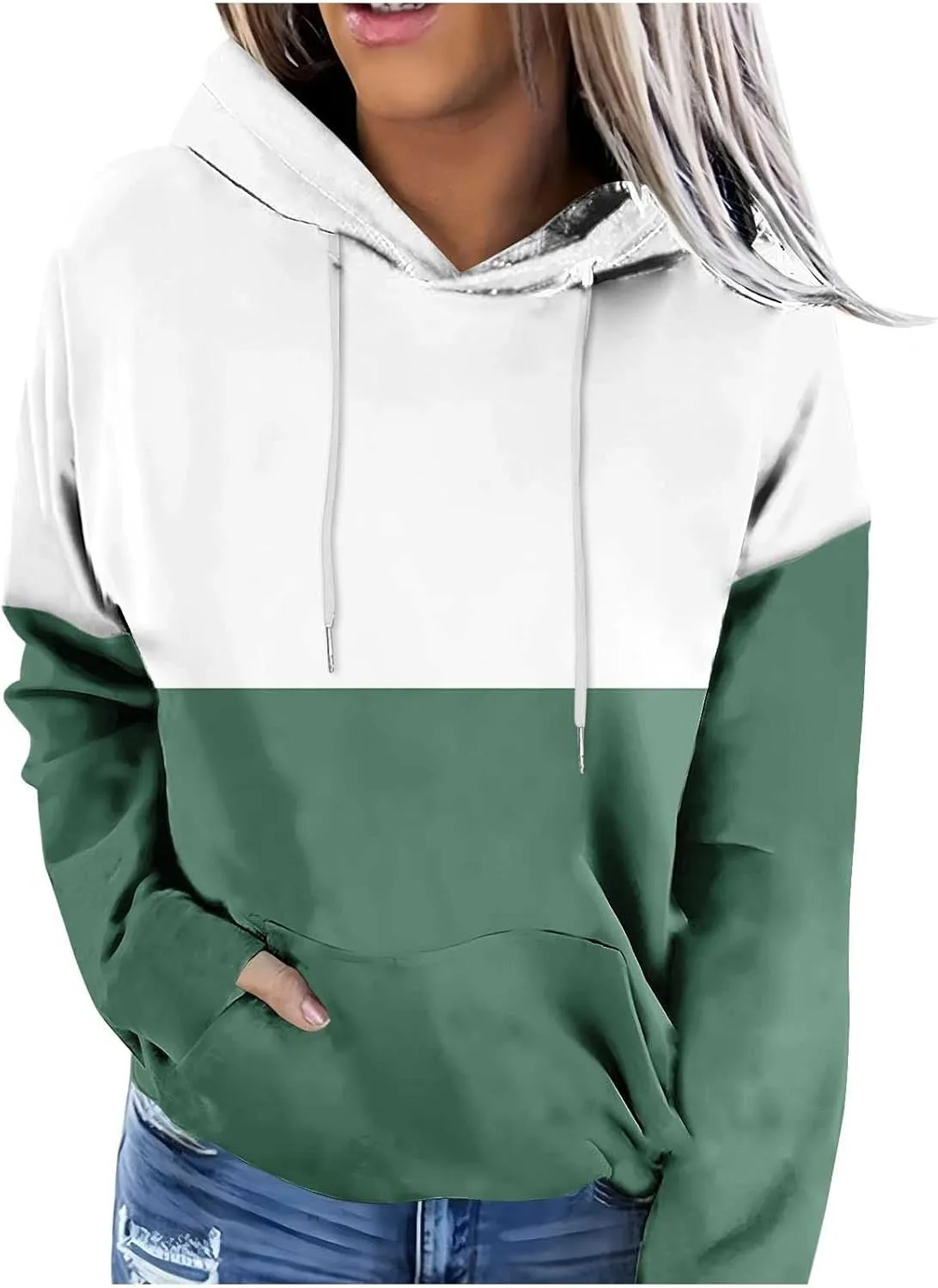 Women's Long sleeves Color Block Hoodie Tops Cute Casual Drawstring Loose Lightweight Tunic Pullover With Pockets