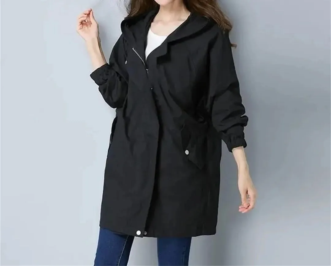 Women's Long Trench Coat Loose Casual Solid Color Hooded Jacket Slim Zipper Coat