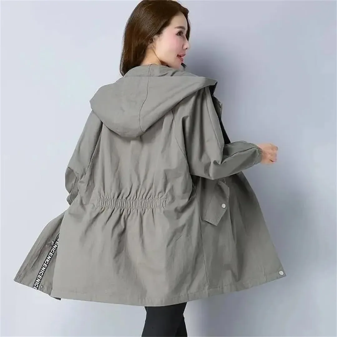 Women's Long Trench Coat Loose Casual Solid Color Hooded Jacket Slim Zipper Coat