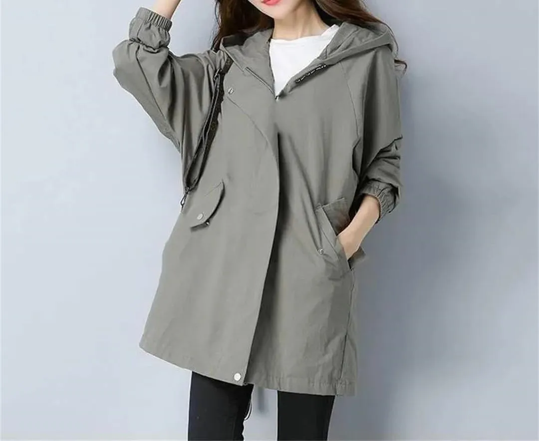 Women's Long Trench Coat Loose Casual Solid Color Hooded Jacket Slim Zipper Coat