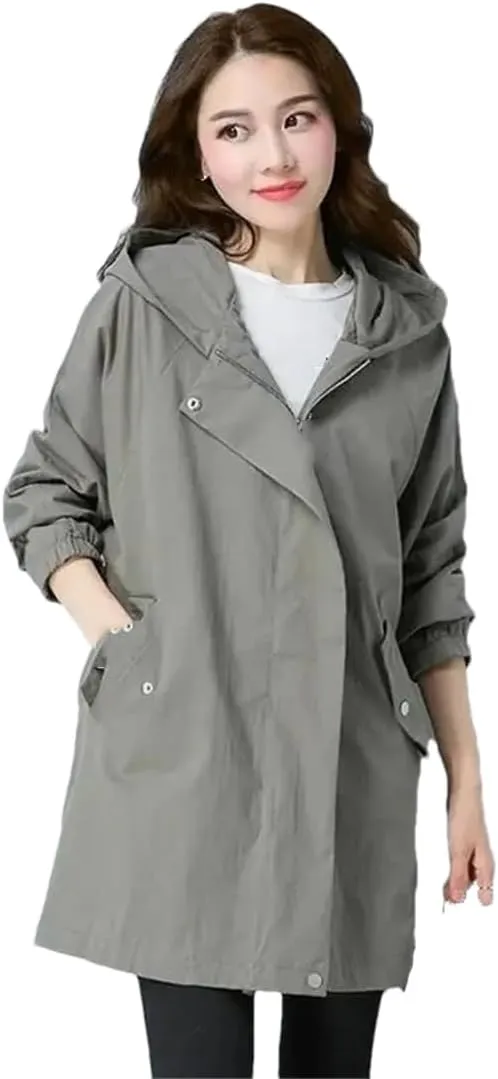 Women's Long Trench Coat Loose Casual Solid Color Hooded Jacket Slim Zipper Coat