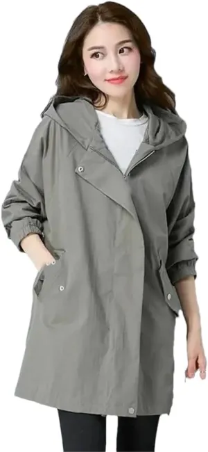 Women's Long Trench Coat Loose Casual Solid Color Hooded Jacket Slim Zipper Coat