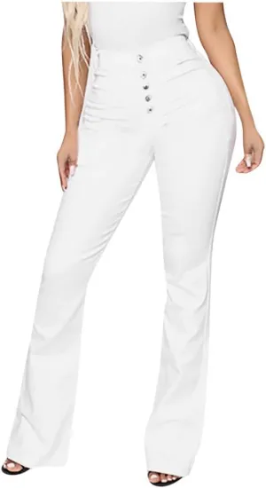 Womens Mid Waist Bell Jeans Trendy Straight Wide Leg Gradient Flare Denim Pants Front Button Slim Work Casual Trouser