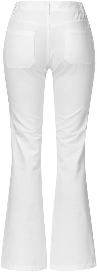 Womens Mid Waist Bell Jeans Trendy Straight Wide Leg Gradient Flare Denim Pants Front Button Slim Work Casual Trouser