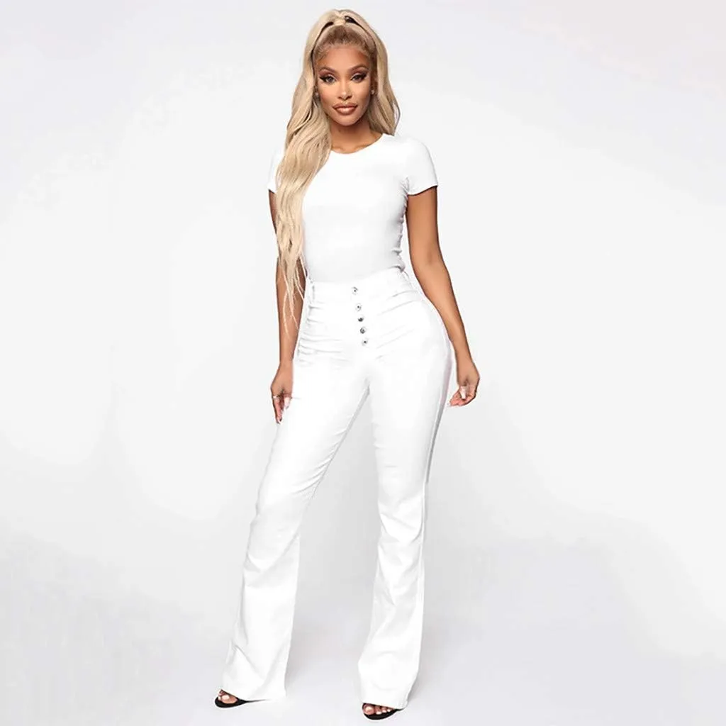 Womens Mid Waist Bell Jeans Trendy Straight Wide Leg Gradient Flare Denim Pants Front Button Slim Work Casual Trouser