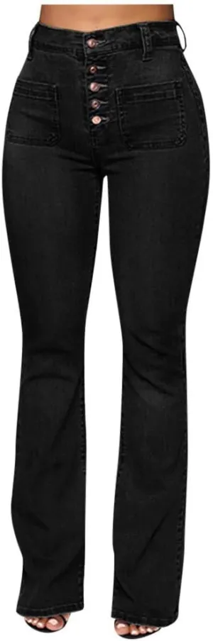 Womens Mid Waist Bell Jeans Trendy Straight Wide Leg Gradient Flare Denim Pants Front Button Slim Work Casual Trouser