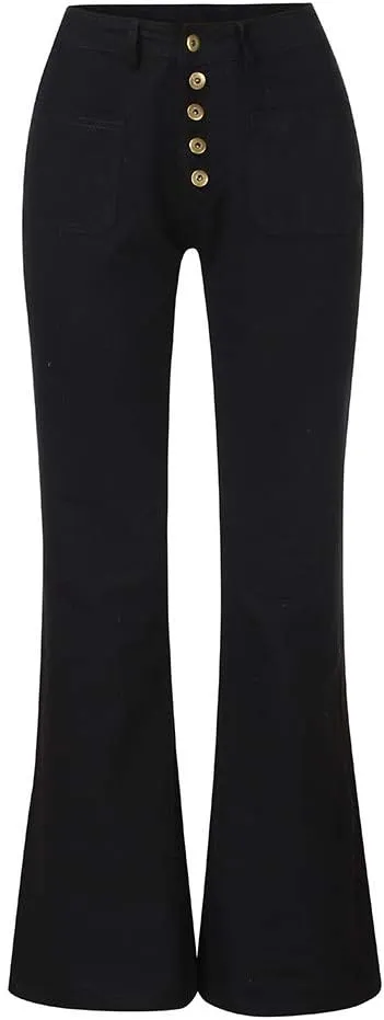 Womens Mid Waist Bell Jeans Trendy Straight Wide Leg Gradient Flare Denim Pants Front Button Slim Work Casual Trouser