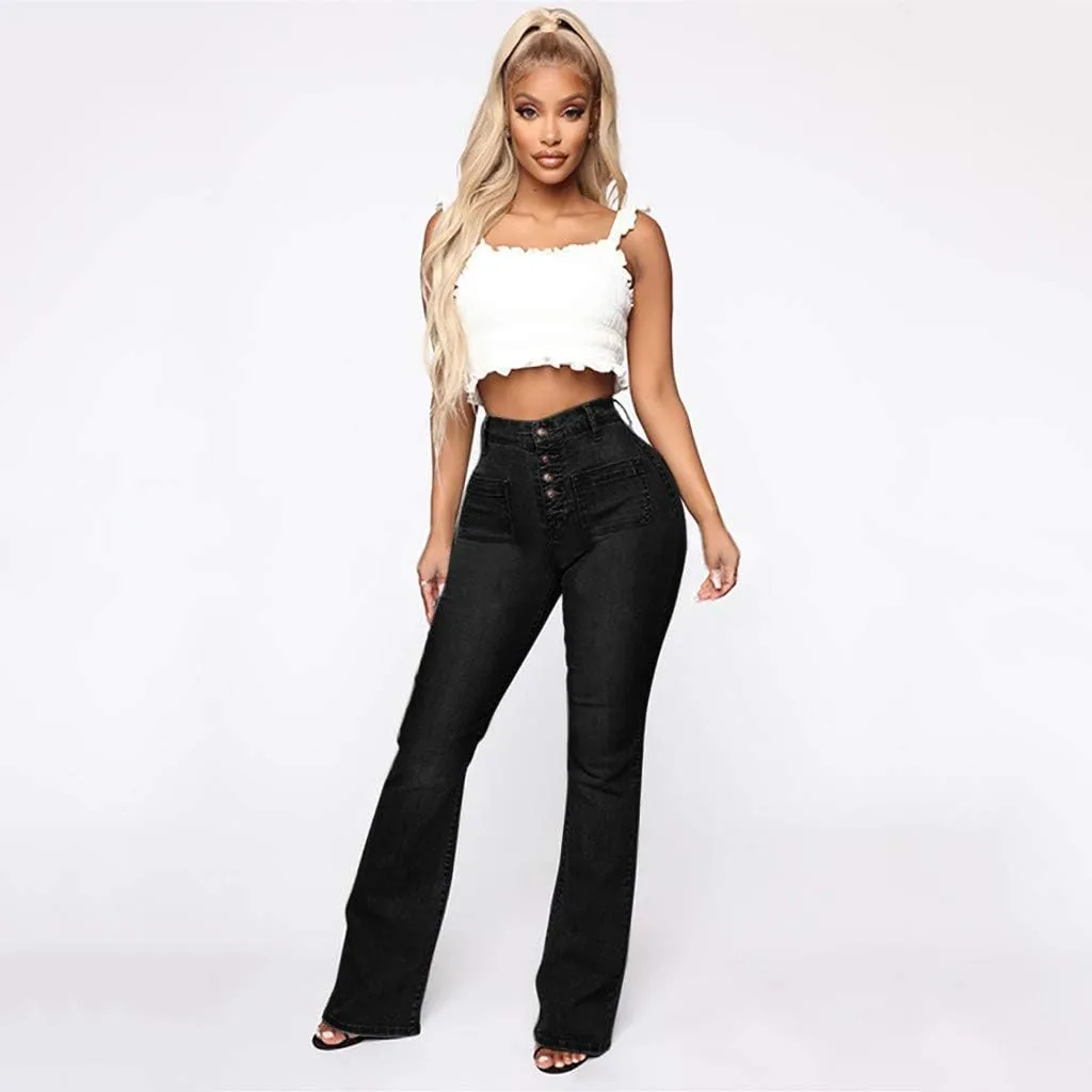 Womens Mid Waist Bell Jeans Trendy Straight Wide Leg Gradient Flare Denim Pants Front Button Slim Work Casual Trouser