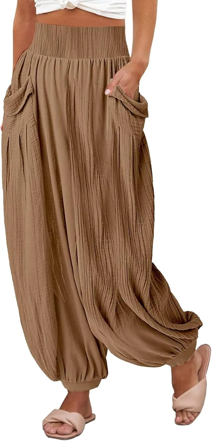Womens Oversized Pleated Linen Pant Fashion Plus Size Wide Leg Smocked Waist Cuffed Trousers Work Lounge Casual Pants