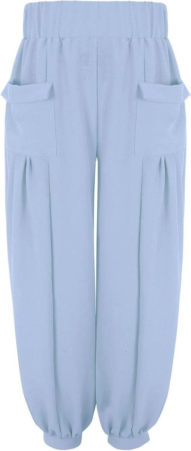 Womens Oversized Pleated Linen Pant Fashion Plus Size Wide Leg Smocked Waist Cuffed Trousers Work Lounge Casual Pants