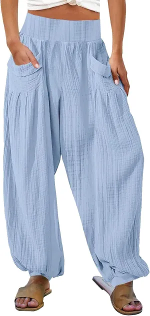 Womens Oversized Pleated Linen Pant Fashion Plus Size Wide Leg Smocked Waist Cuffed Trousers Work Lounge Casual Pants