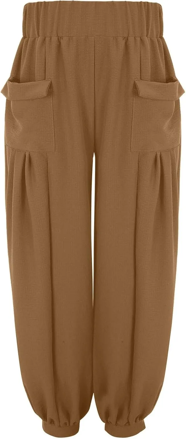 Womens Oversized Pleated Linen Pant Fashion Plus Size Wide Leg Smocked Waist Cuffed Trousers Work Lounge Casual Pants