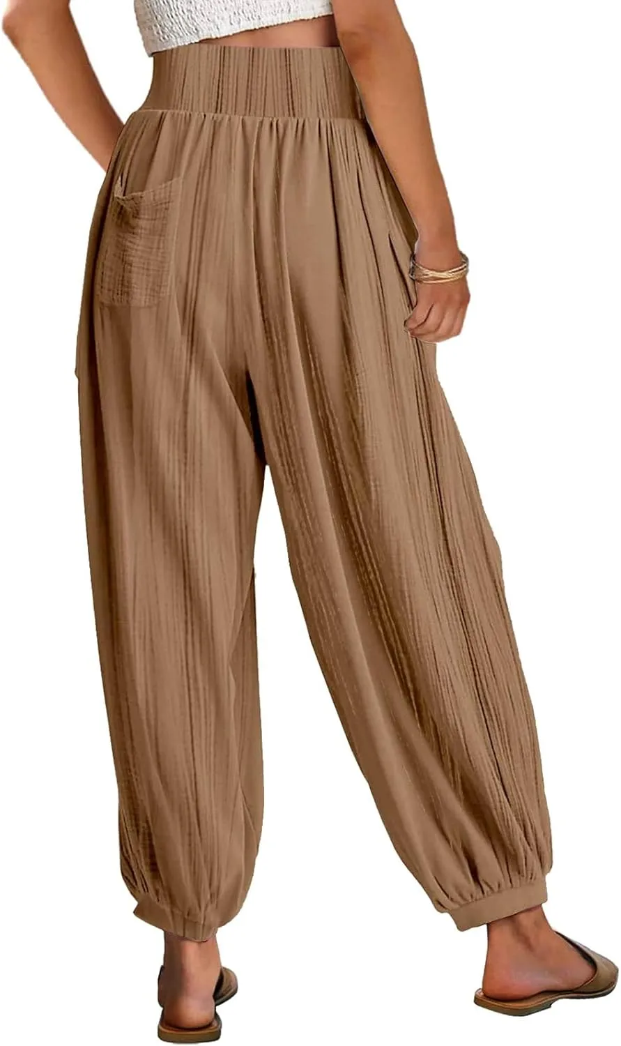 Womens Oversized Pleated Linen Pant Fashion Plus Size Wide Leg Smocked Waist Cuffed Trousers Work Lounge Casual Pants