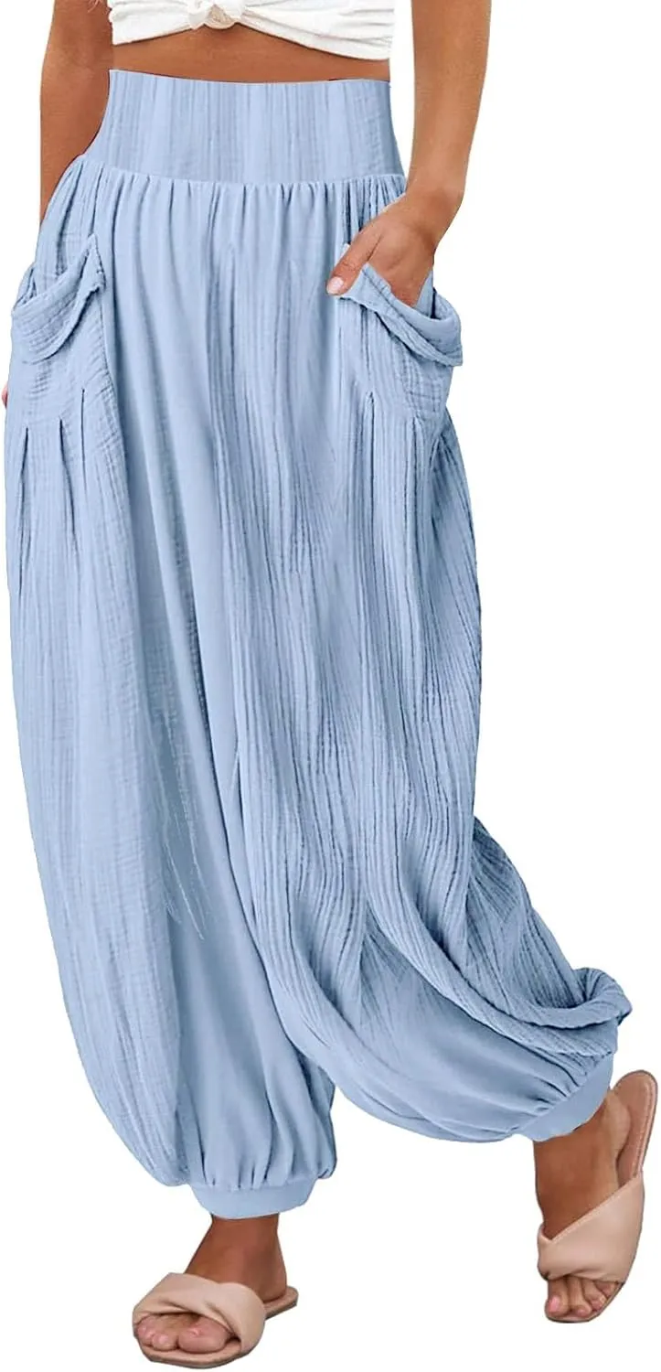 Womens Oversized Pleated Linen Pant Fashion Plus Size Wide Leg Smocked Waist Cuffed Trousers Work Lounge Casual Pants