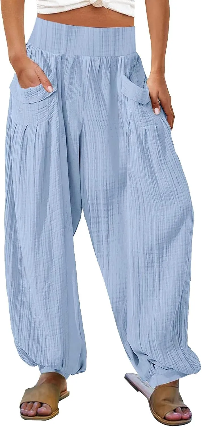 Womens Oversized Pleated Linen Pant Fashion Plus Size Wide Leg Smocked Waist Cuffed Trousers Work Lounge Casual Pants