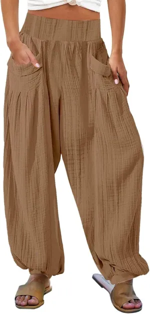 Womens Oversized Pleated Linen Pant Fashion Plus Size Wide Leg Smocked Waist Cuffed Trousers Work Lounge Casual Pants