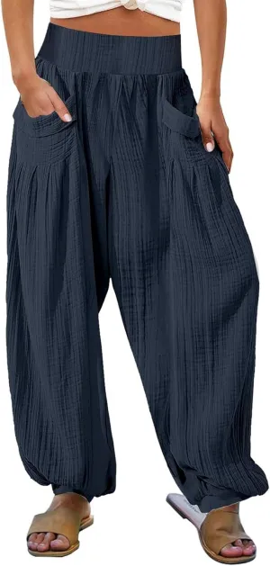 Womens Oversized Pleated Linen Pant Fashion Plus Size Wide Leg Smocked Waist Cuffed Trousers Work Lounge Casual Pants