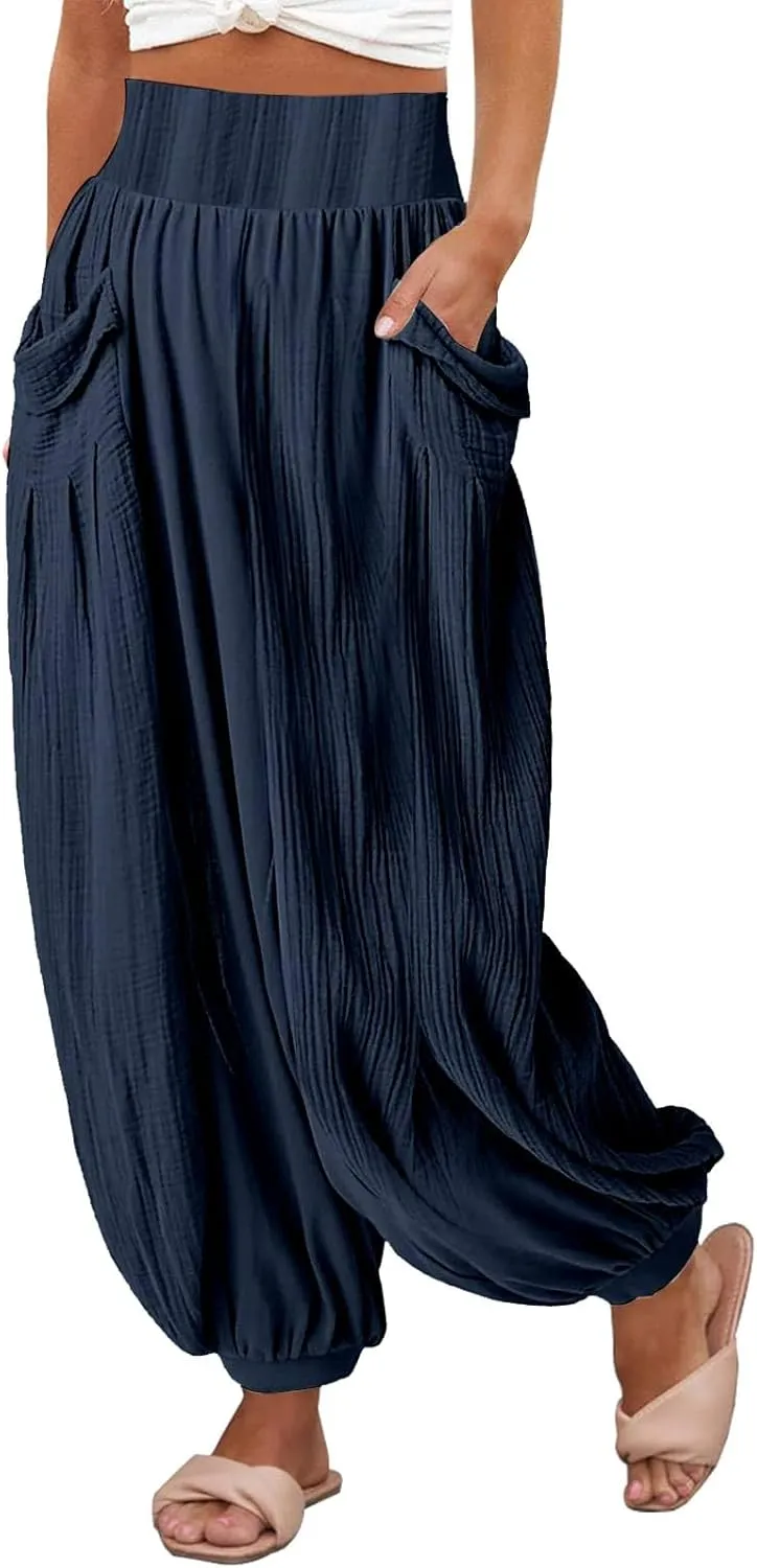 Womens Oversized Pleated Linen Pant Fashion Plus Size Wide Leg Smocked Waist Cuffed Trousers Work Lounge Casual Pants