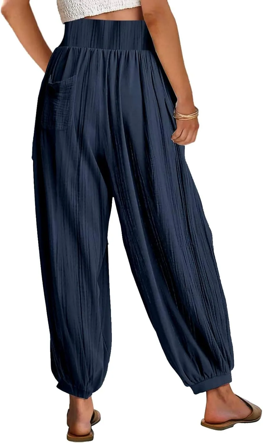 Womens Oversized Pleated Linen Pant Fashion Plus Size Wide Leg Smocked Waist Cuffed Trousers Work Lounge Casual Pants