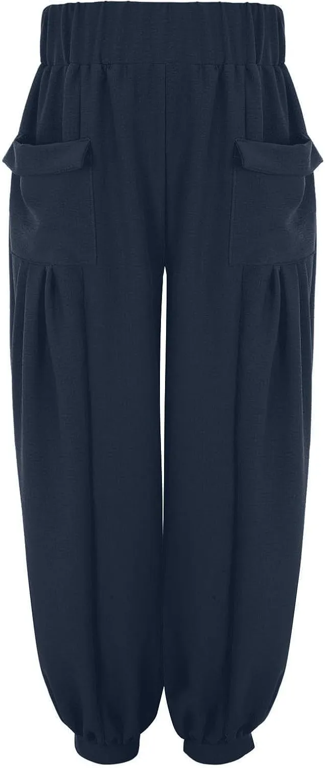 Womens Oversized Pleated Linen Pant Fashion Plus Size Wide Leg Smocked Waist Cuffed Trousers Work Lounge Casual Pants