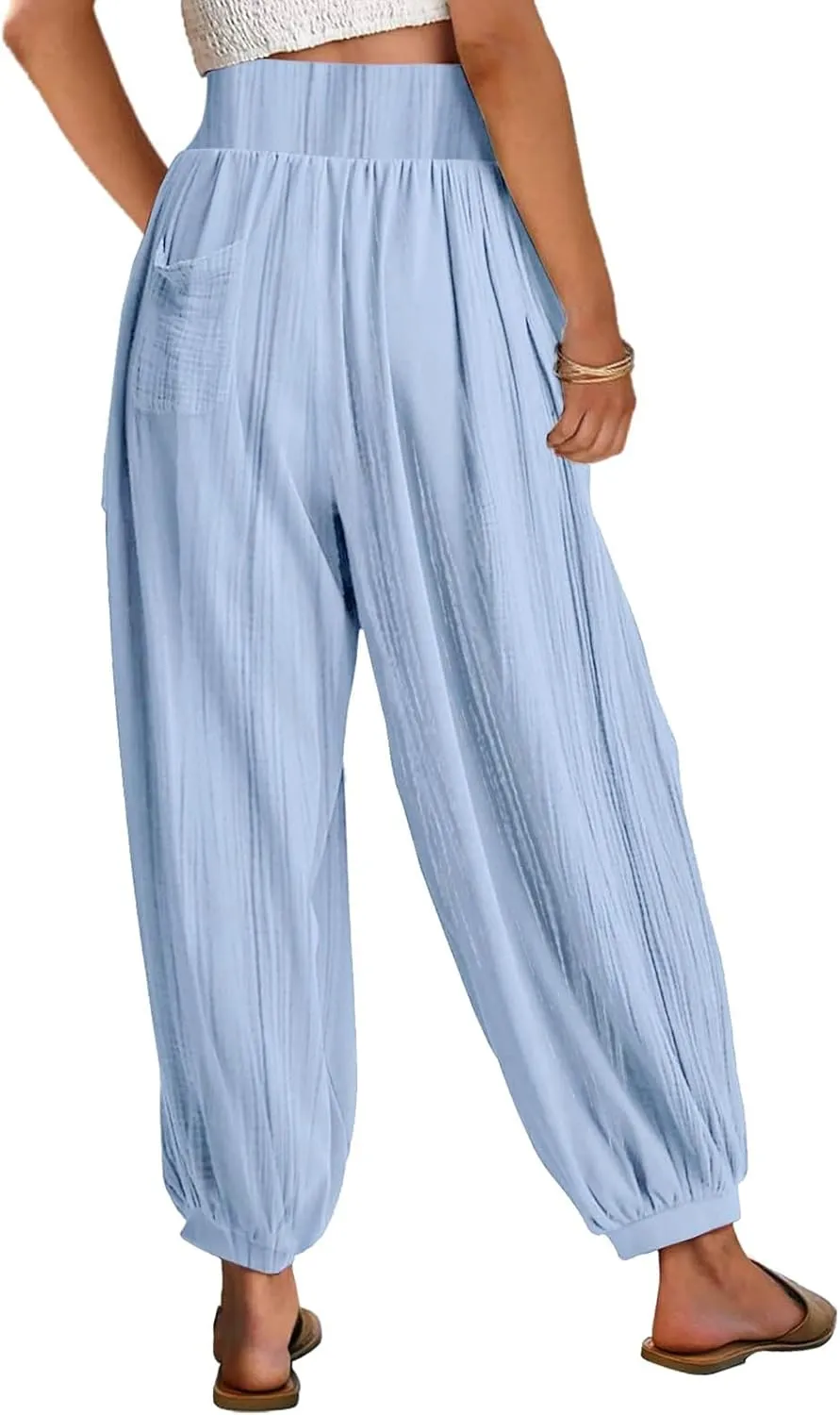 Womens Oversized Pleated Linen Pant Fashion Plus Size Wide Leg Smocked Waist Cuffed Trousers Work Lounge Casual Pants