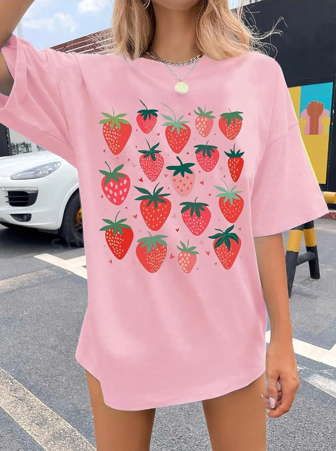 Womens Oversized T Shirts Strawberry Fruit Graphic Tees Summer Casual Loose Beach Vacation 2025 Clothes Tops