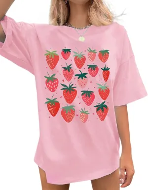 Womens Oversized T Shirts Strawberry Fruit Graphic Tees Summer Casual Loose Beach Vacation 2025 Clothes Tops