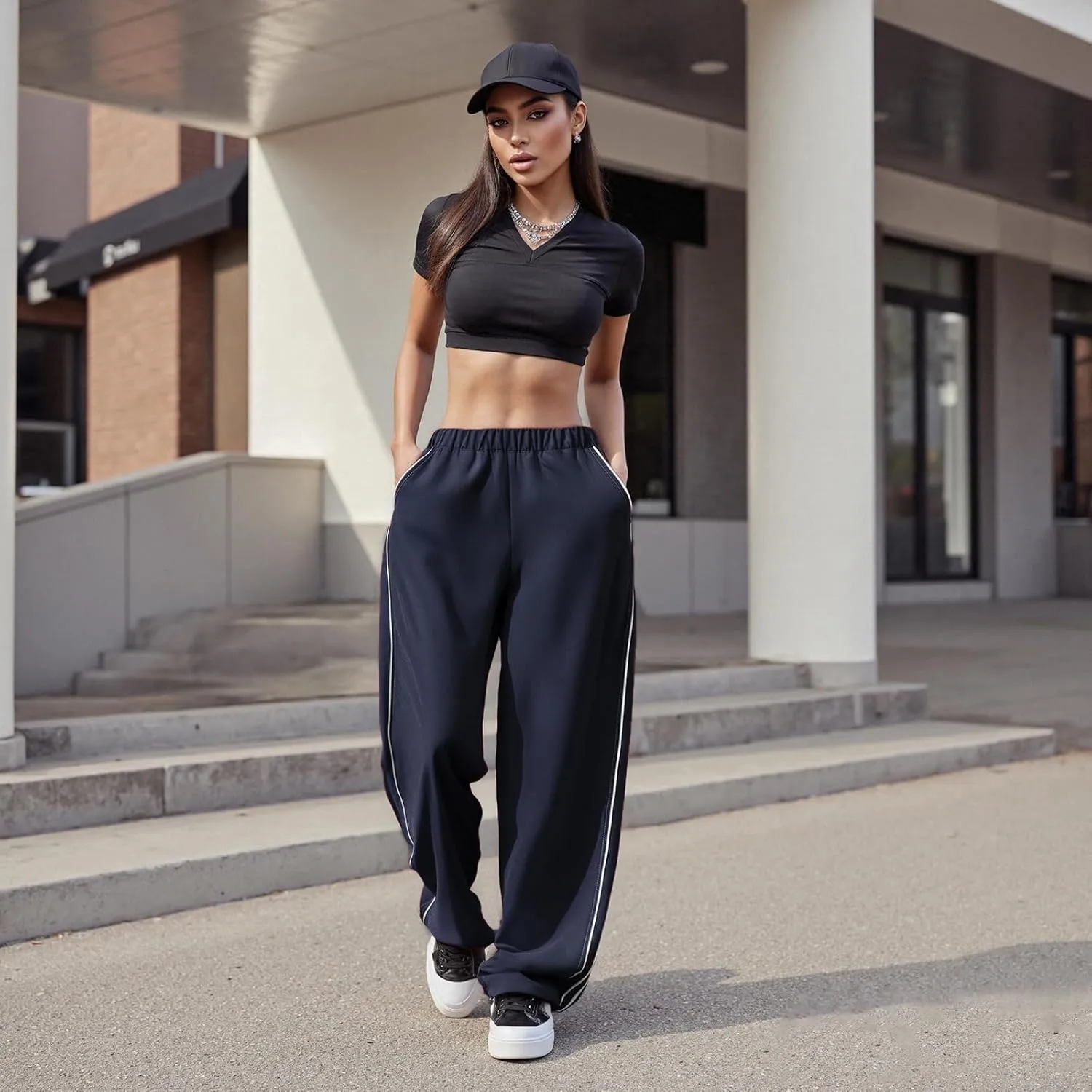 Women's Parachute Pants Casual Loose Elastic Waist Casual Y2K Jogger Outing Sweatpants Streetwear