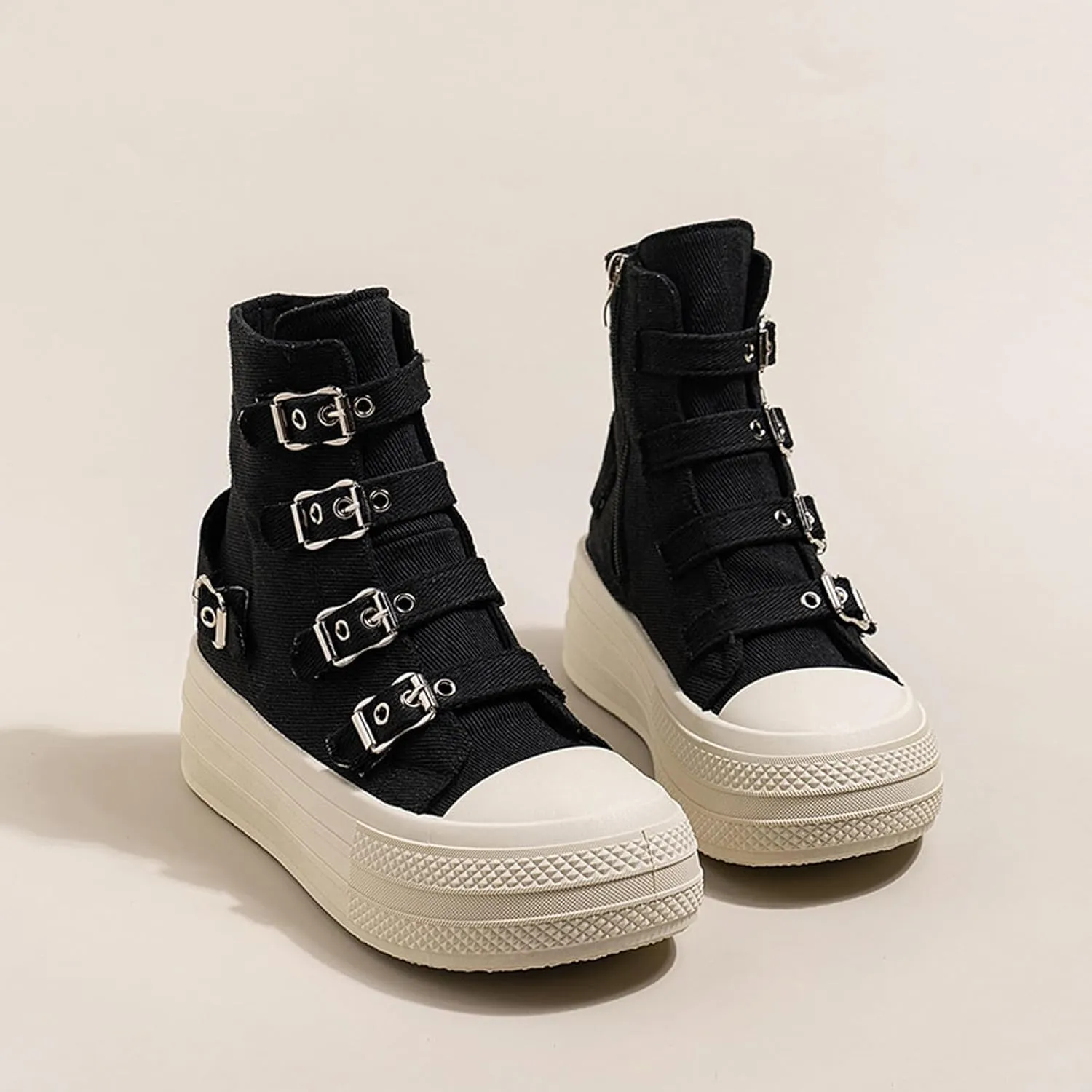 Women's Platform High Top Sneakers Fashion High Top Canvas Shoes with Buckle Thick Sole Side Zipper Casual Lace Up Shoe